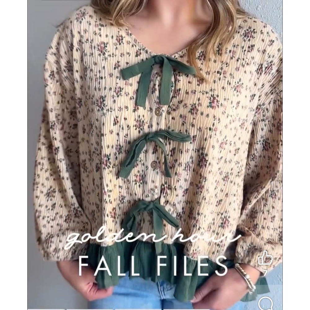 Easel Floral Textured Bow Front Ruffle Hem Blouse Cream Green Boho Oversized M